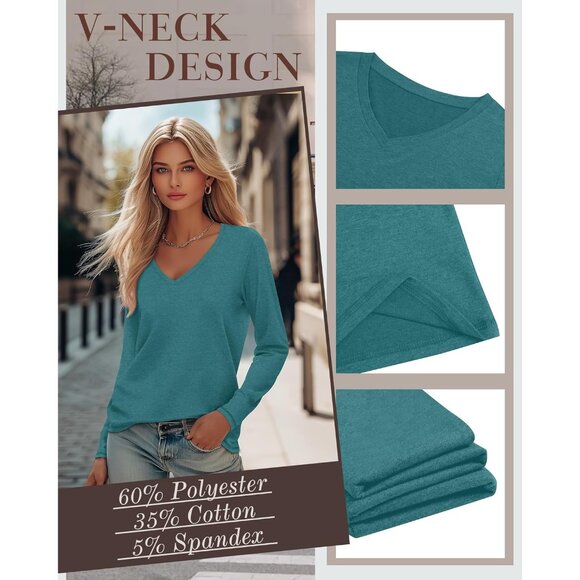 Women's Long Sleeve V Neck Tees Pack Basic Casual Loose Fit Top Outfits - Picture 2 of 4